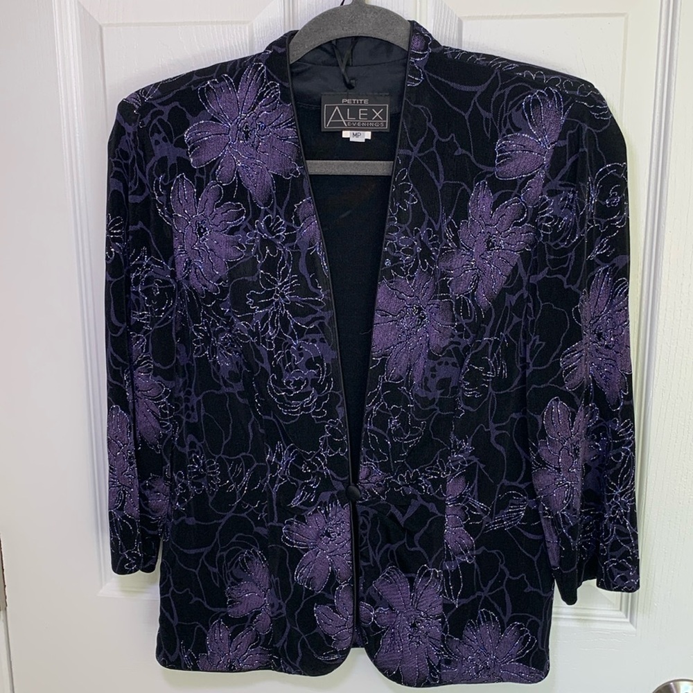 Alex evenings black and purple floral formal jacket size medium petite